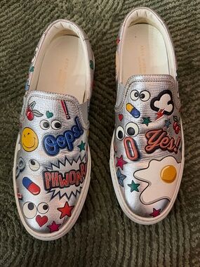 Anya Hindmarch Silver Slip-On Sneakers with Colorful Patch Graphics